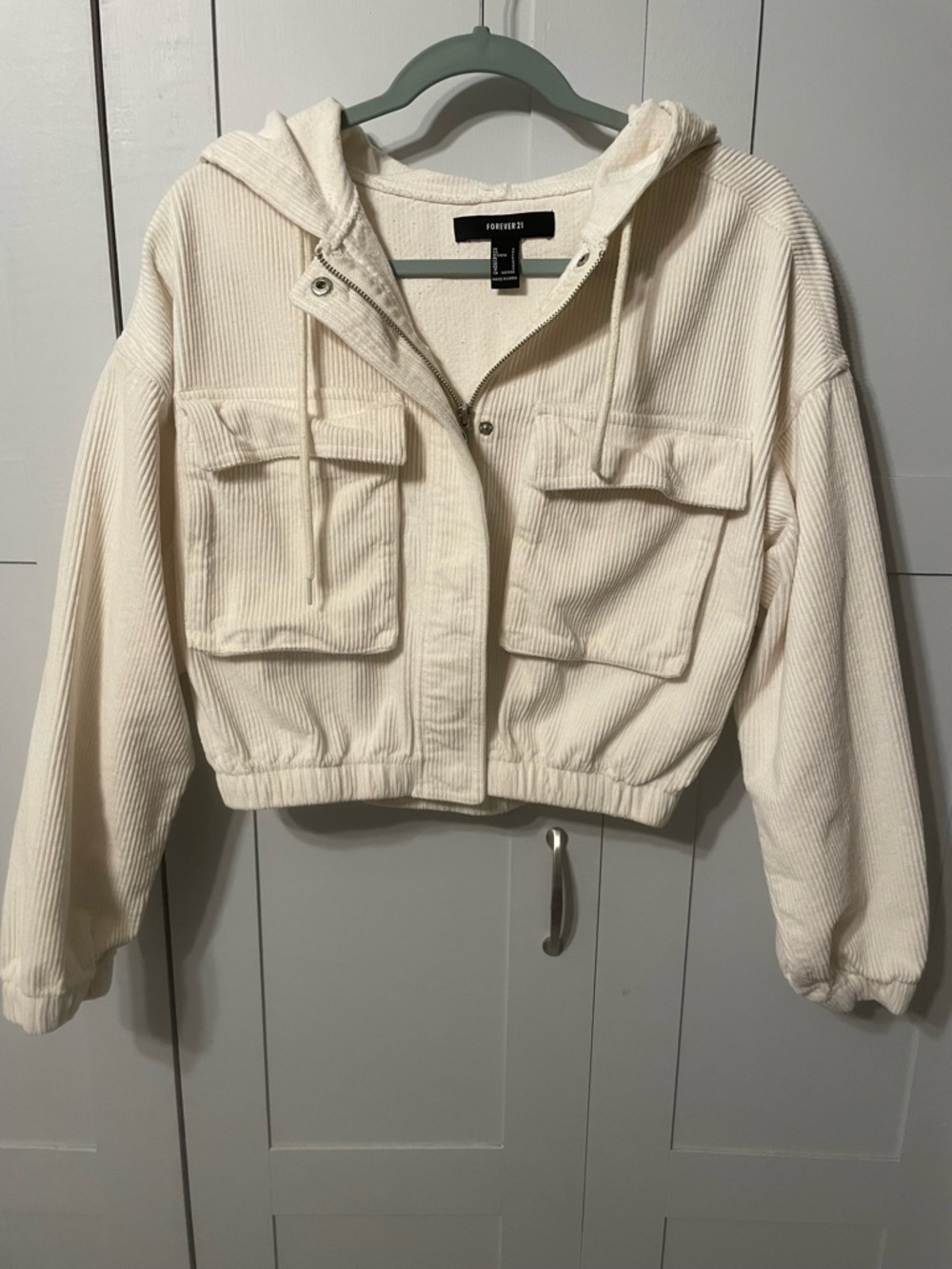 Forever 21 Cream Corduroy Hooded Cropped Utility Jacket